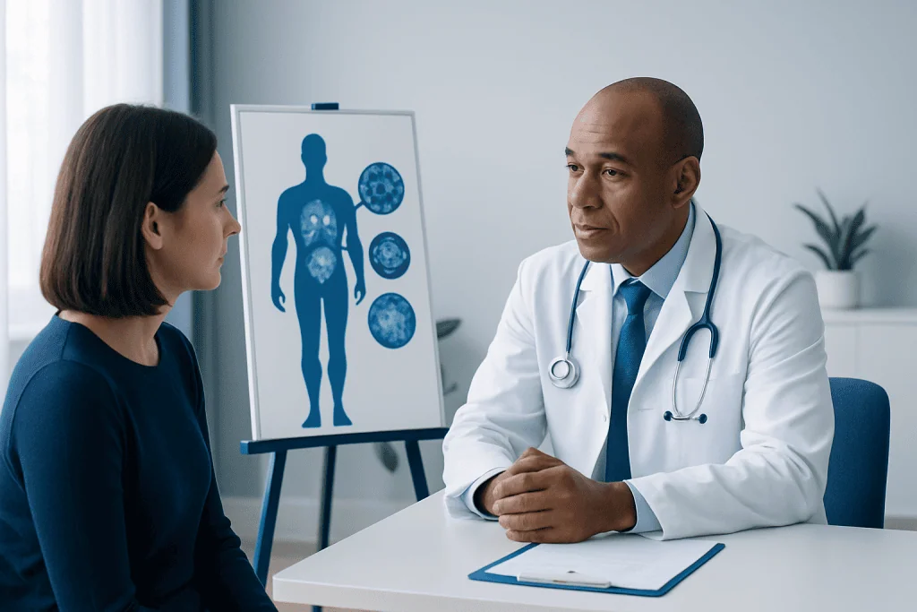 Doctor consulting patient about cancer development and treatment options.