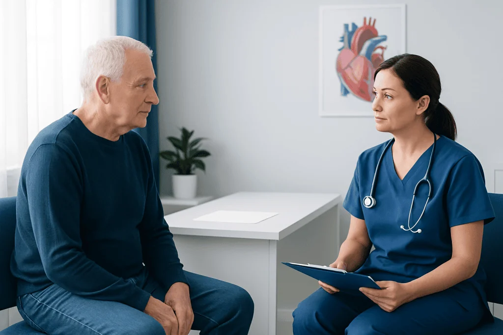 Doctor consulting with senior male patient in a medical office.