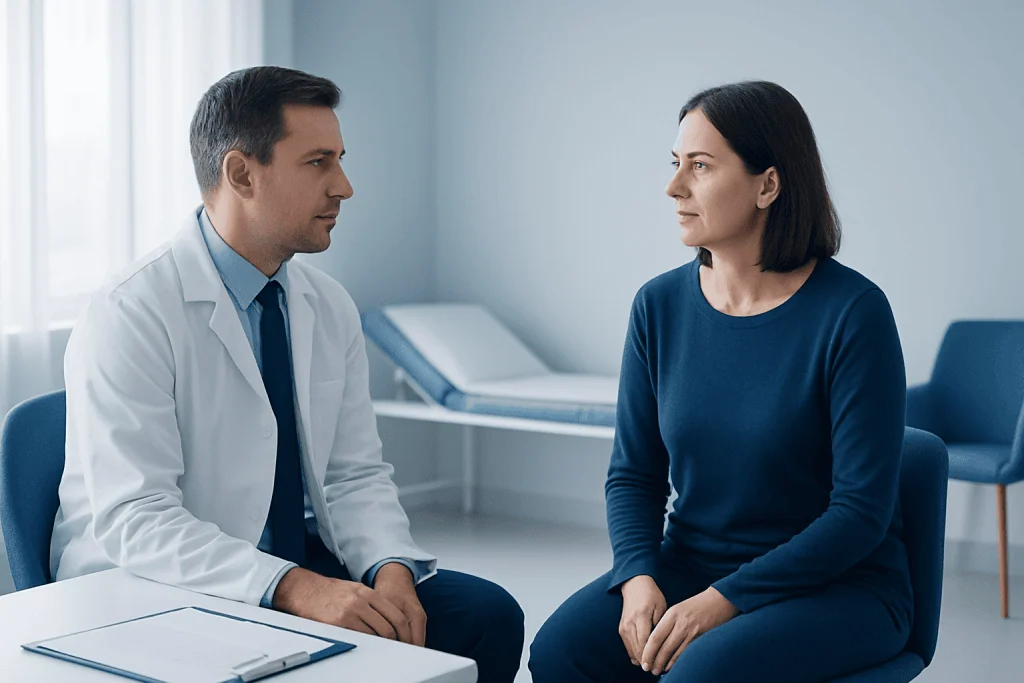 Doctor consulting with a female patient in a medical office.