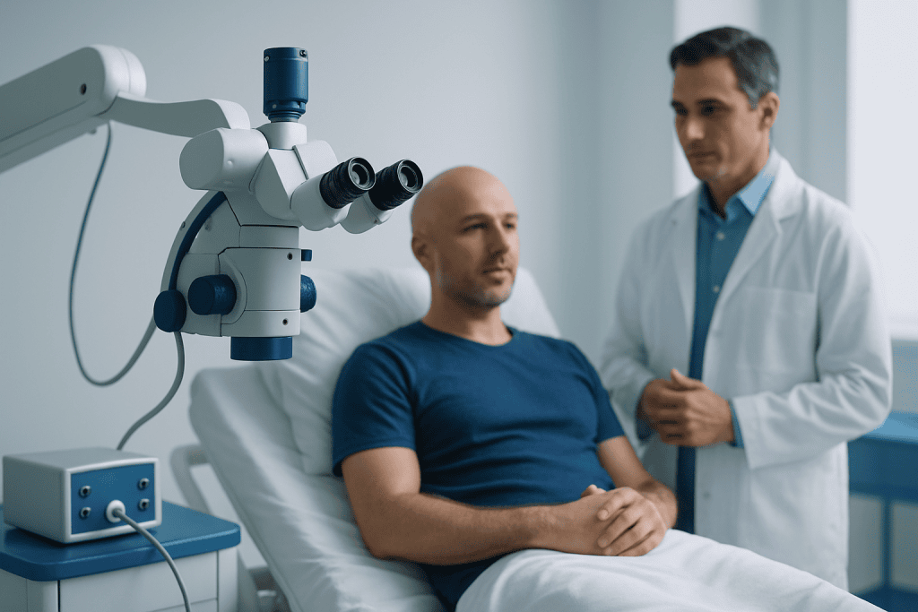 Doctor consulting male patient in a medical examination room with microscope nearby.