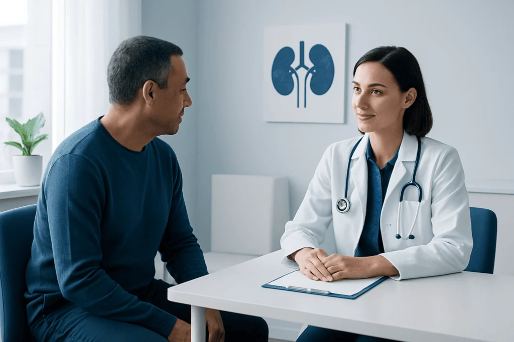 Doctor consulting with patient about kidney transplant recovery at Acibadem Hospital.