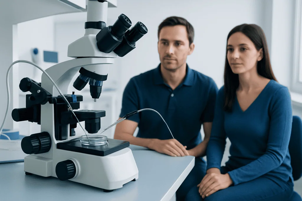 Couple in a medical lab observing a microscope for fertility treatment.