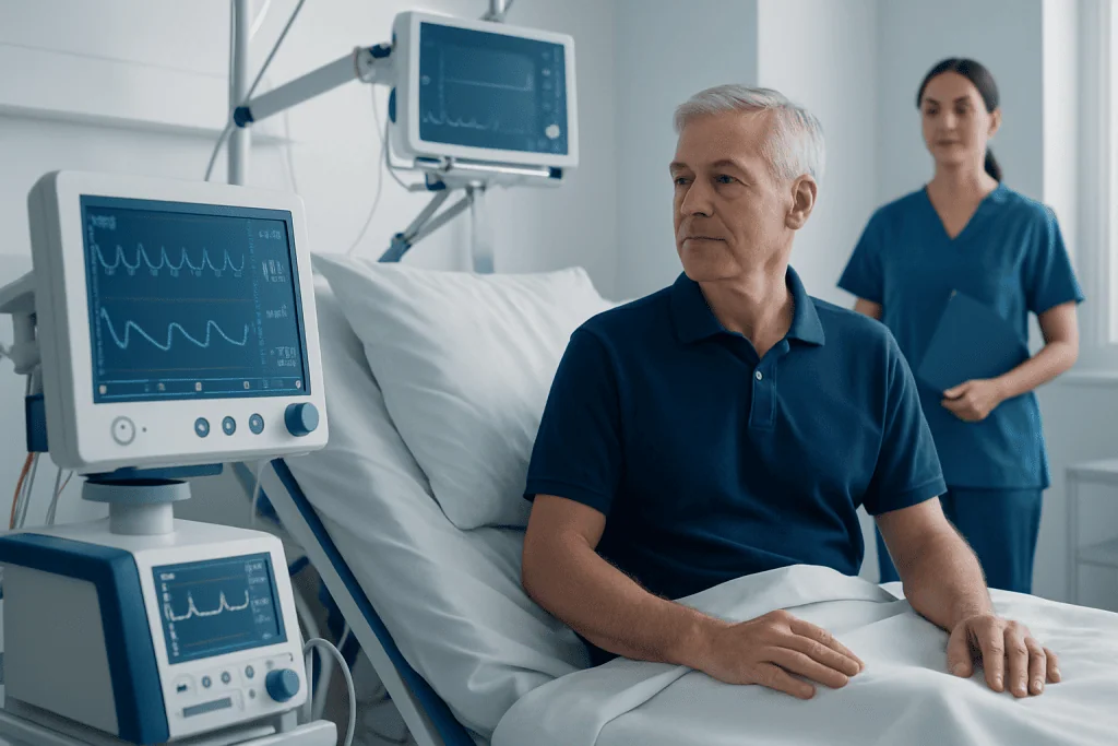 Patient in hospital bed with heart monitoring devices and nurse nearby.