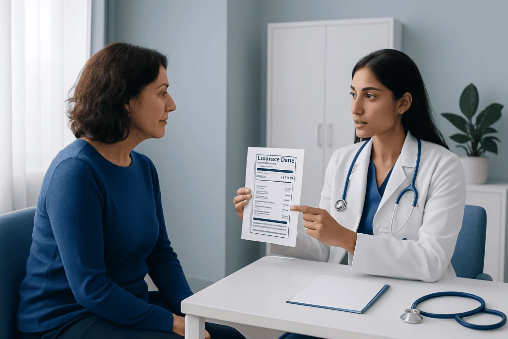 Doctor explaining insurance document to patient in clinic setting.