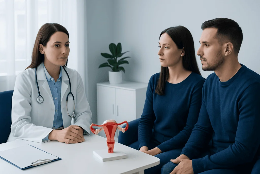 Doctor consulting a couple about IVF options at Acibadem Hospital.