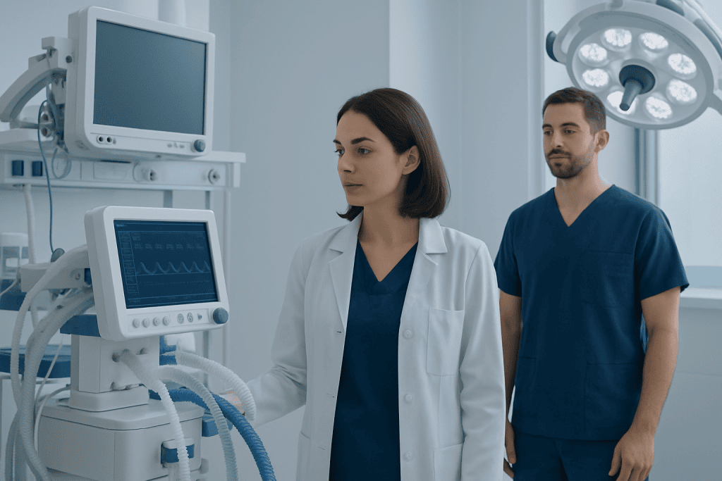 Medical professionals monitor patient vital signs in a hospital ICU.