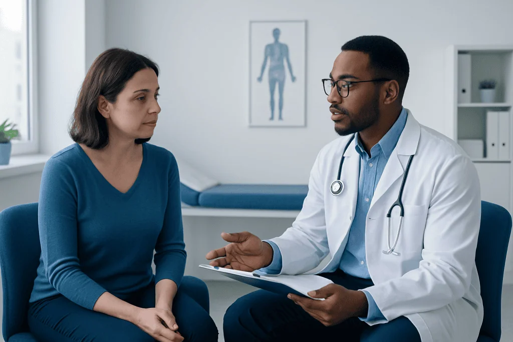 Doctor discussing treatment options with a female patient in a medical office.