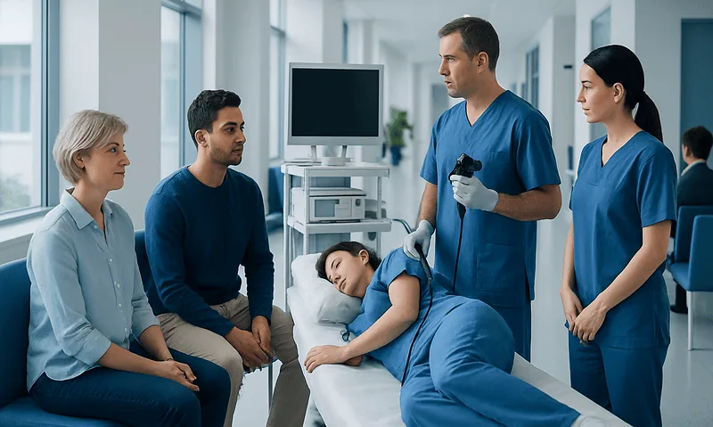 Medical team preparing patient for endoscopy in hospital.