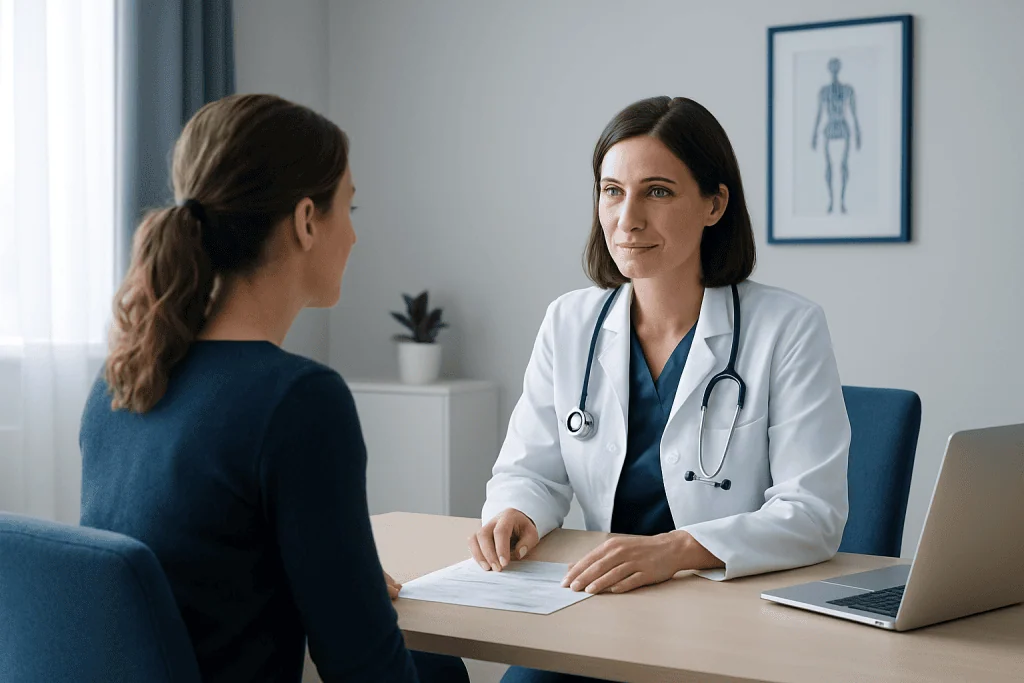 Doctor consulting with a patient in a modern medical office.