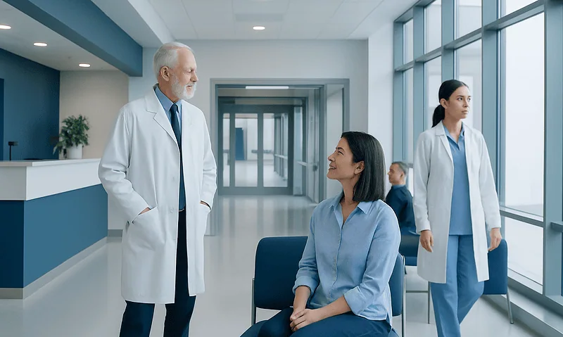 Doctor consulting a patient in a modern hospital corridor.