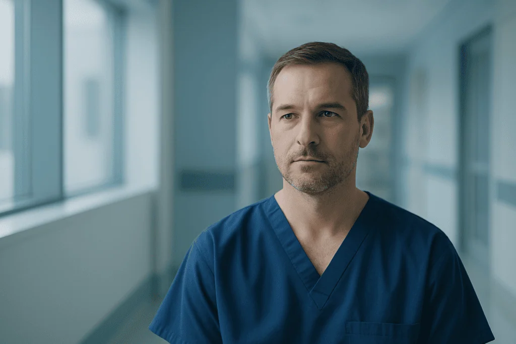 Understanding Hantavirus: Essential Information for Your Safety 1 Healthcare professional in blue scrubs in hospital corridor.