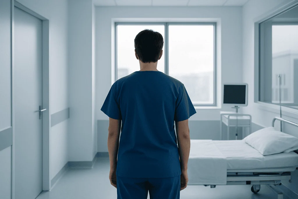 Understanding Modern Brain Tumor Procedures Approaches for International Patients 1 Medical professional in hospital room looking out window.