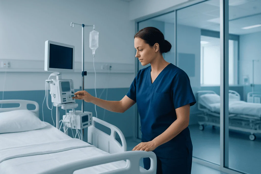Understanding Modern Precision Oncology Care Approaches for International Patients 1 Nurse adjusting medical equipment in a modern hospital room.