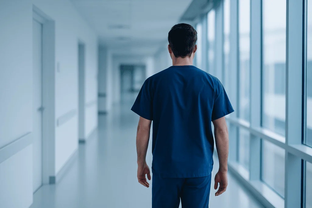Understanding Modern Rhinoplasty Procedures Approaches for International Patients 1 Healthcare professional walking in hospital corridor with large windows.
