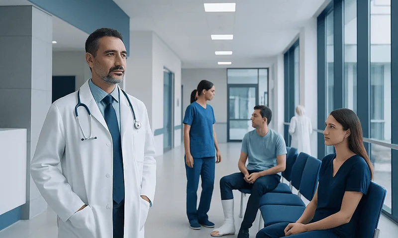 Medical professionals and patients in a hospital corridor at Acibadem Hospitals Group.