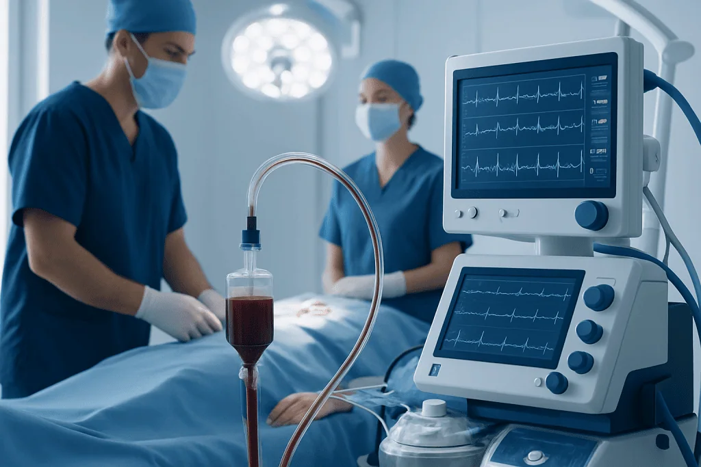 Medical team performing heart surgery with monitoring equipment in operating room.