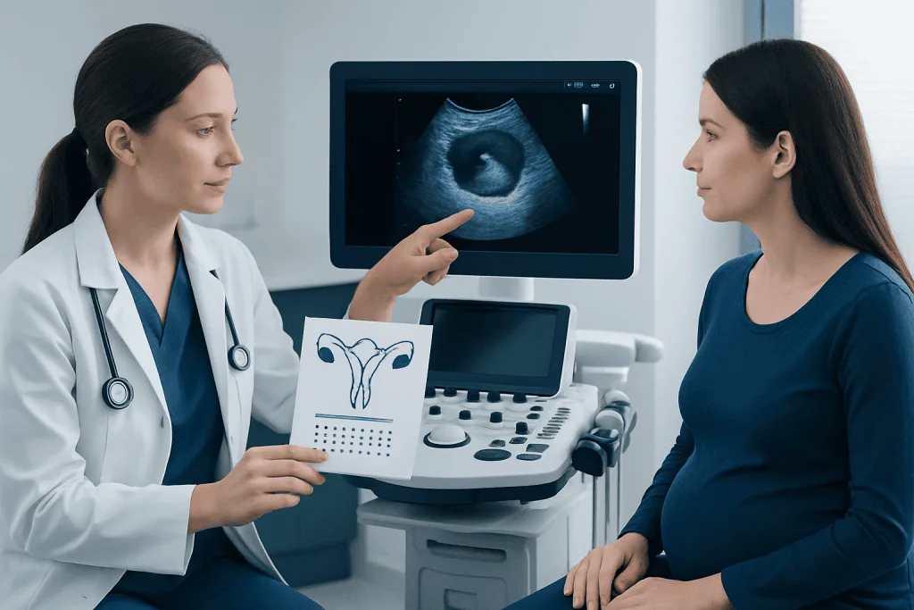 Doctor explaining ultrasound scan to pregnant woman in clinic.