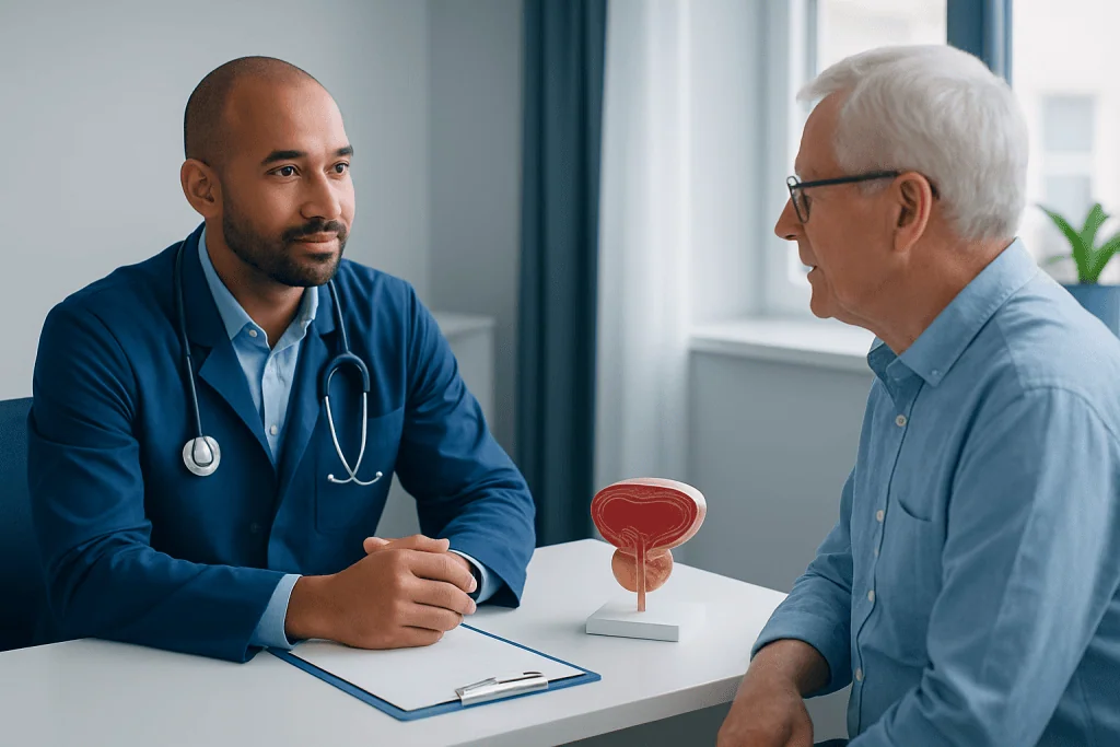 Urologist consulting with an elderly male patient about prostate health.