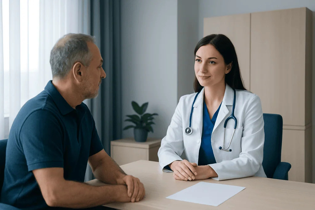 Doctor consulting with a patient in a modern hospital office.