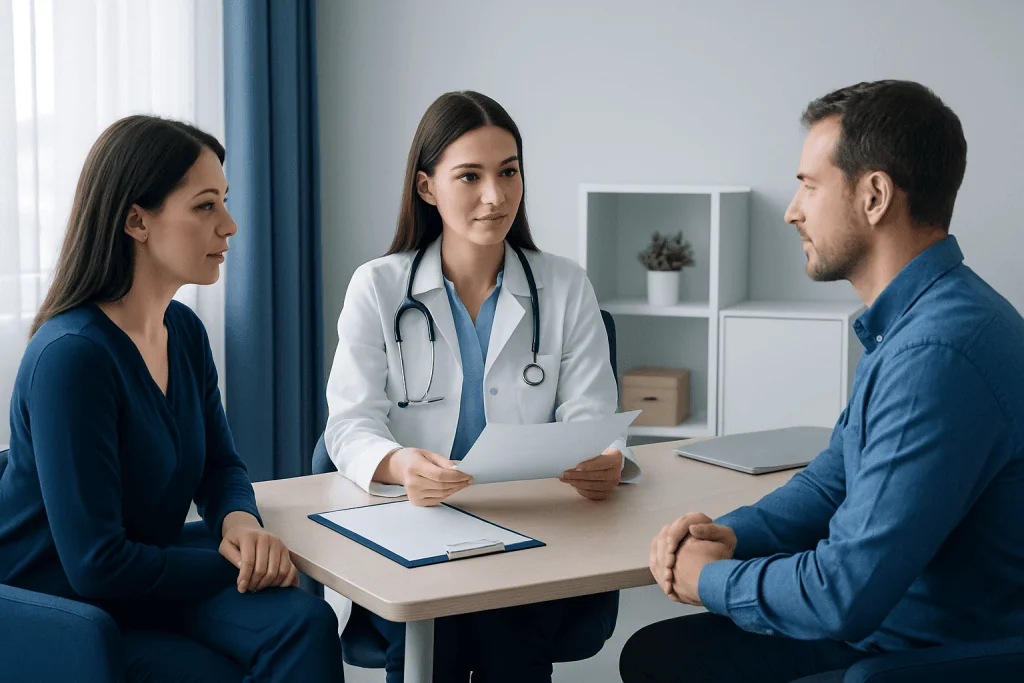 Doctor consulting with two patients in a medical office setting.