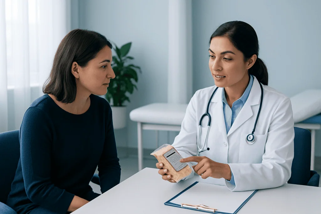 Doctor explaining medical information to a patient in a clinic setting.
