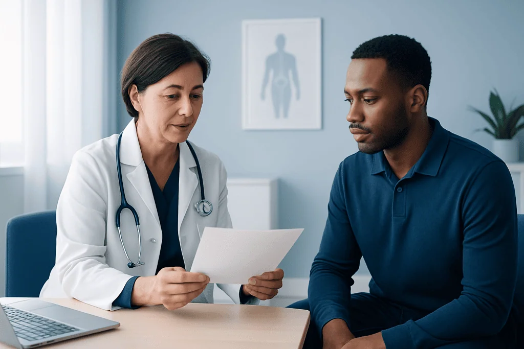 Doctor consulting with a patient in a medical office setting.