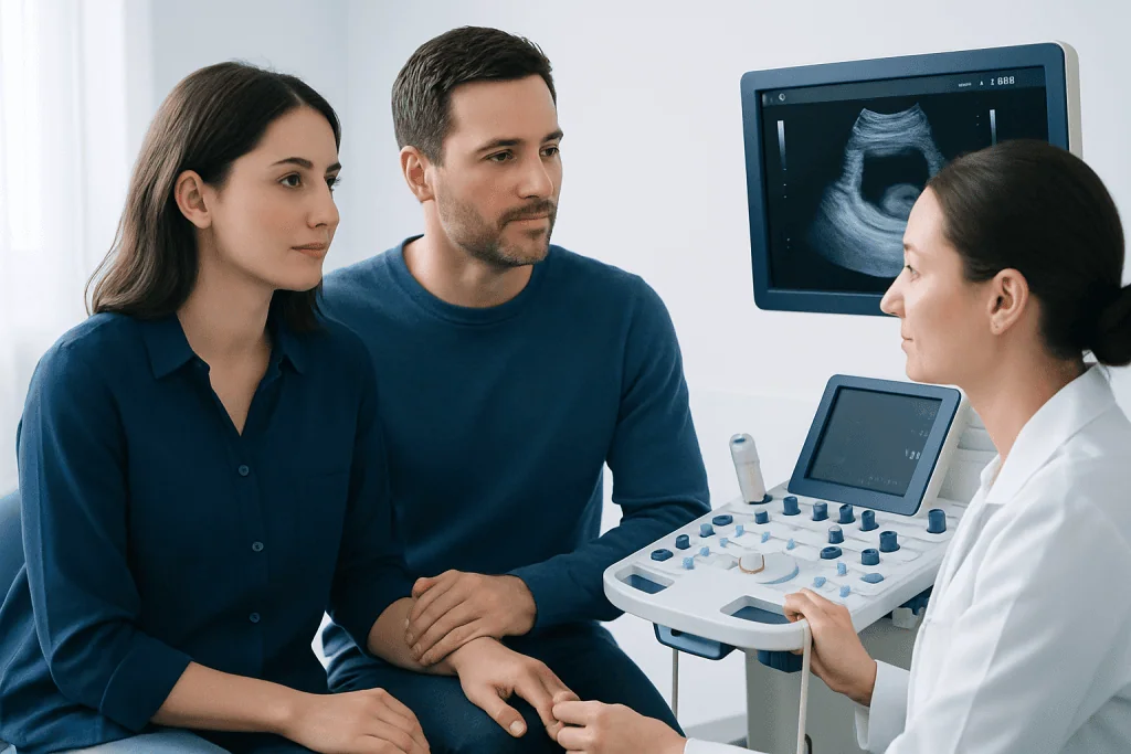 Couple consulting with a doctor during an ultrasound at Acibadem Hospital.