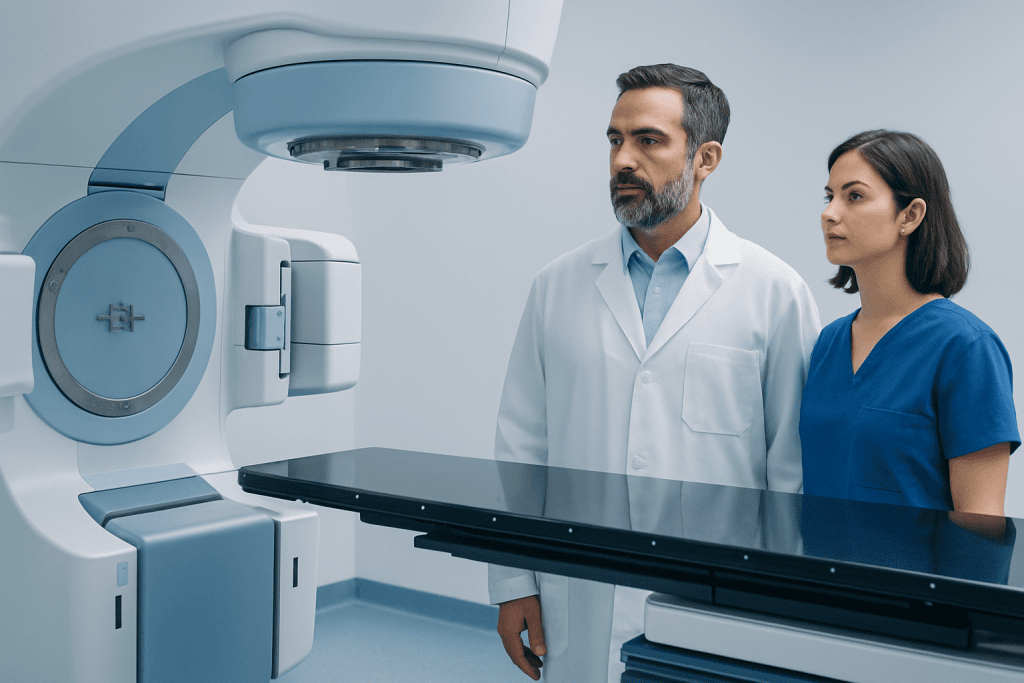 Medical professionals reviewing MRI scan in a hospital setting.