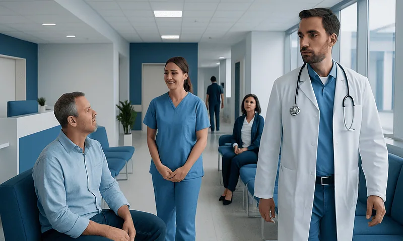 Medical consultation in a modern hospital with doctors and patients.