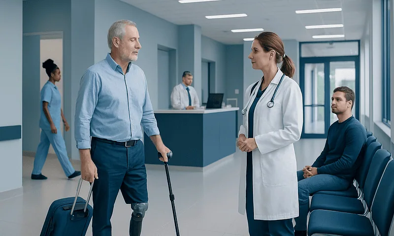Patient with prosthetic leg talking to doctor in hospital corridor.