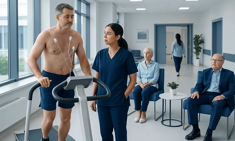 Patient undergoing a cardiac stress test at Acibadem Hospital in Turkey.