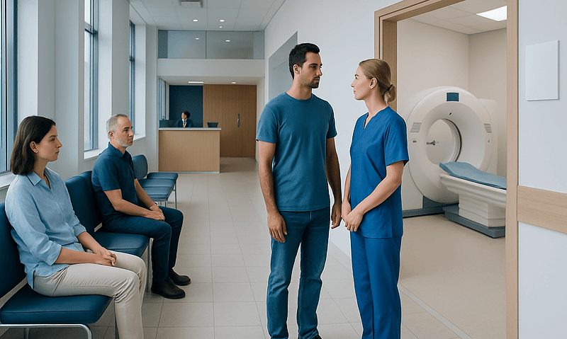 Patients and medical staff in a hospital corridor near a CT scanner.
