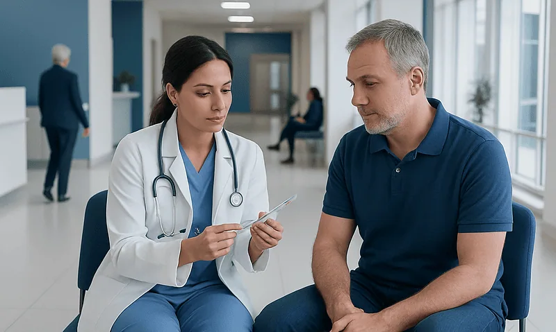 Self-Injection Medicines After Discharge in Turkey 16 Doctor consulting with a patient in a hospital corridor.