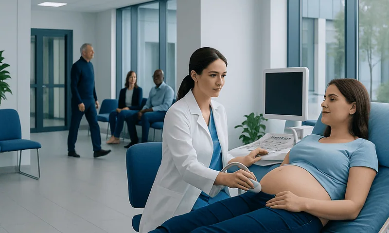 Pregnant woman undergoing ultrasound at Acibadem Hospital in Turkey.