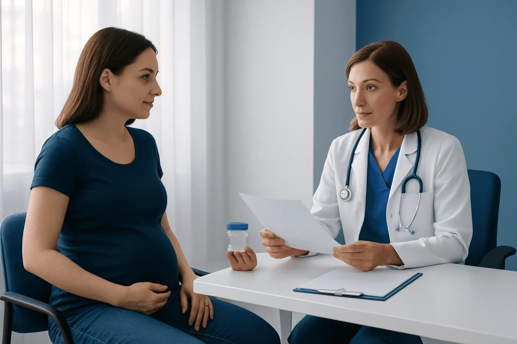 Pregnant woman consulting with a doctor in a medical office.