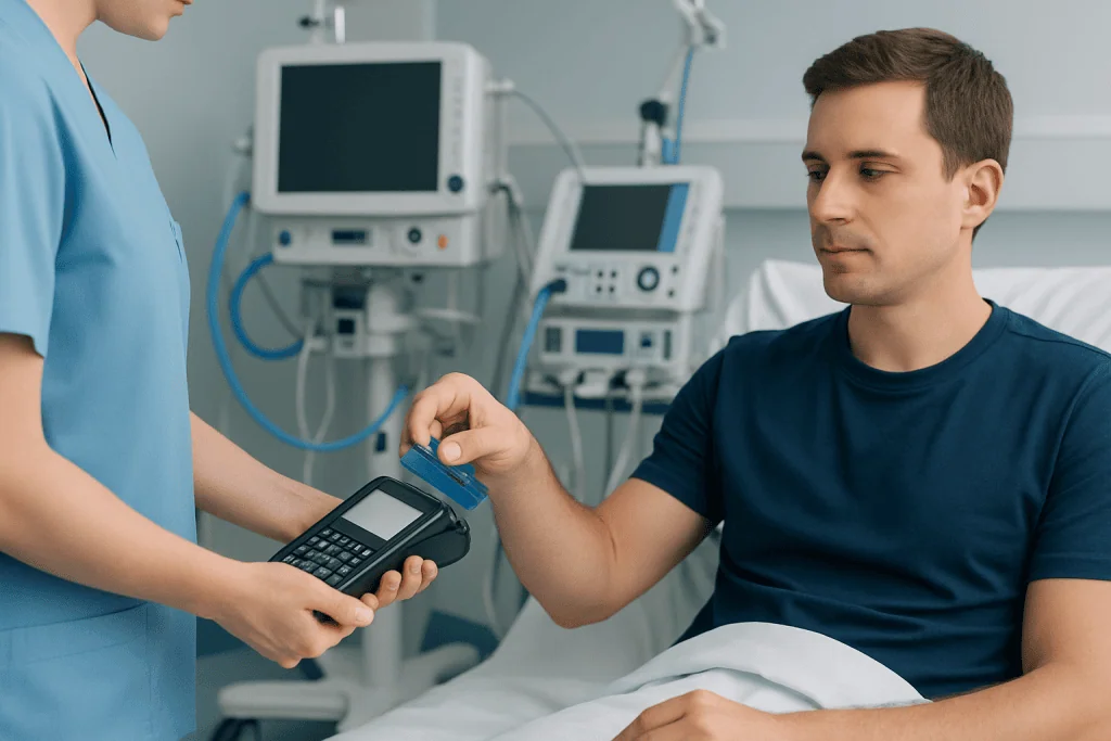 Patient paying with credit card at hospital bedside in Turkey.