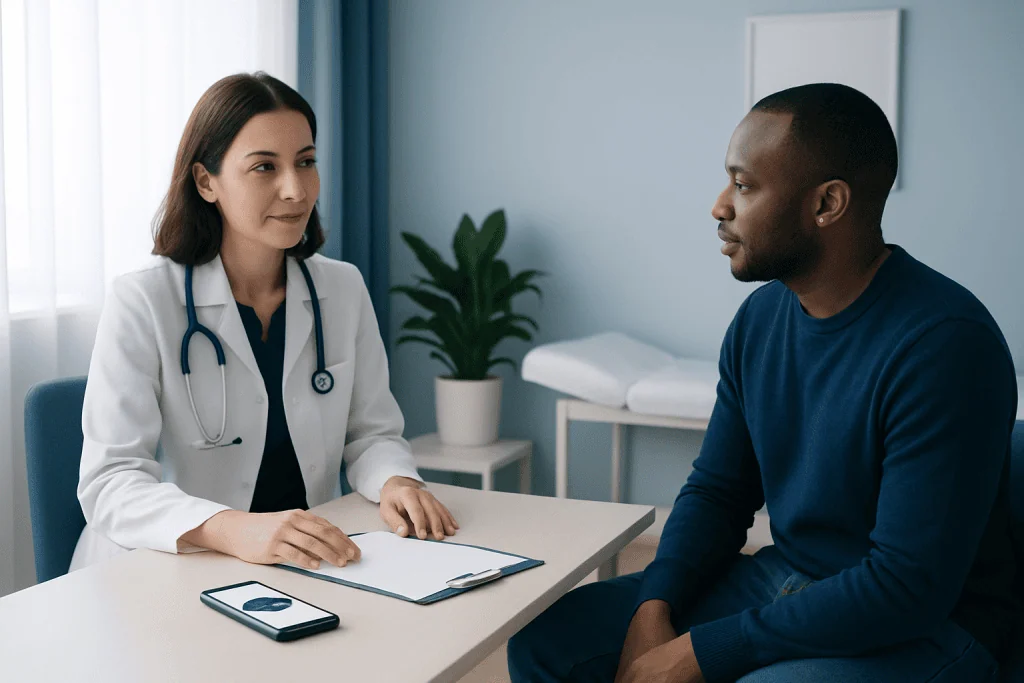 Doctor consulting patient in a hospital room with a stethoscope and clipboard.