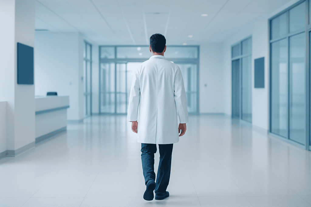 Using The Most Performant Technique in Lung Cancer 1 Doctor walking in a modern hospital corridor for lung cancer treatment.
