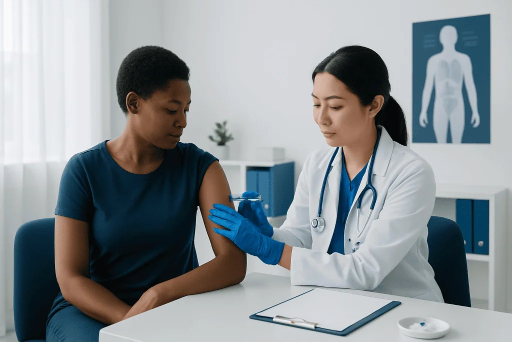 Doctor administering vaccine to a young woman in a medical clinic.