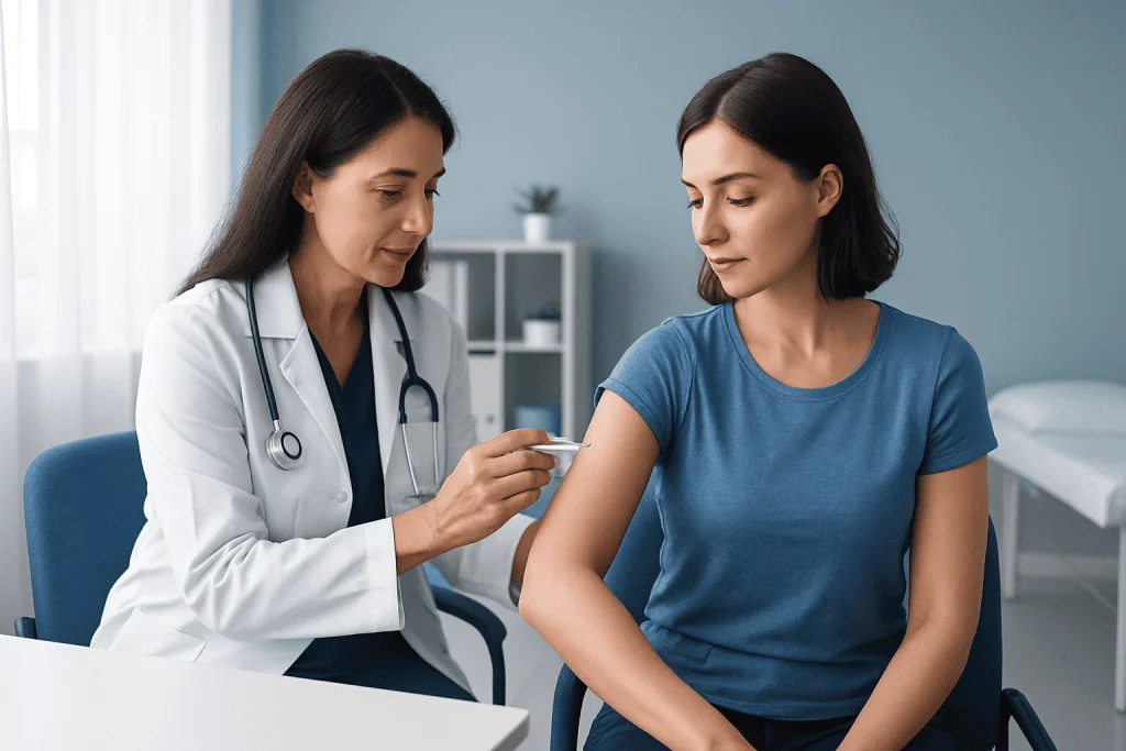 Doctor administering a vaccine to a woman in a medical clinic setting.