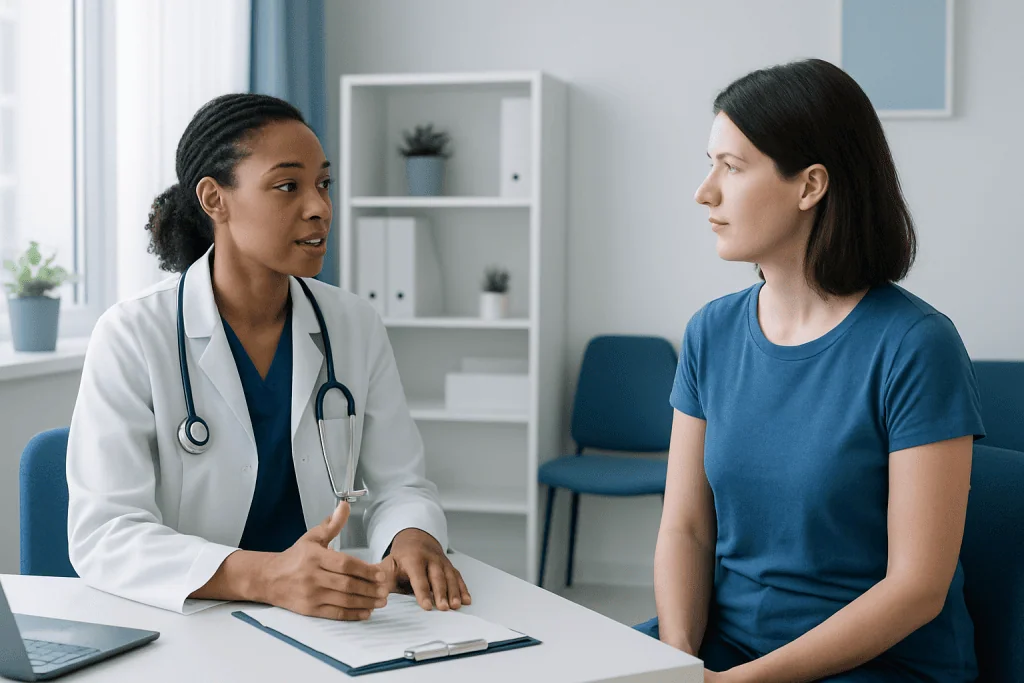 Doctor consulting with a patient in a medical office setting.