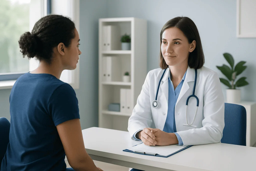 Doctor consulting with a patient in a medical office setting.