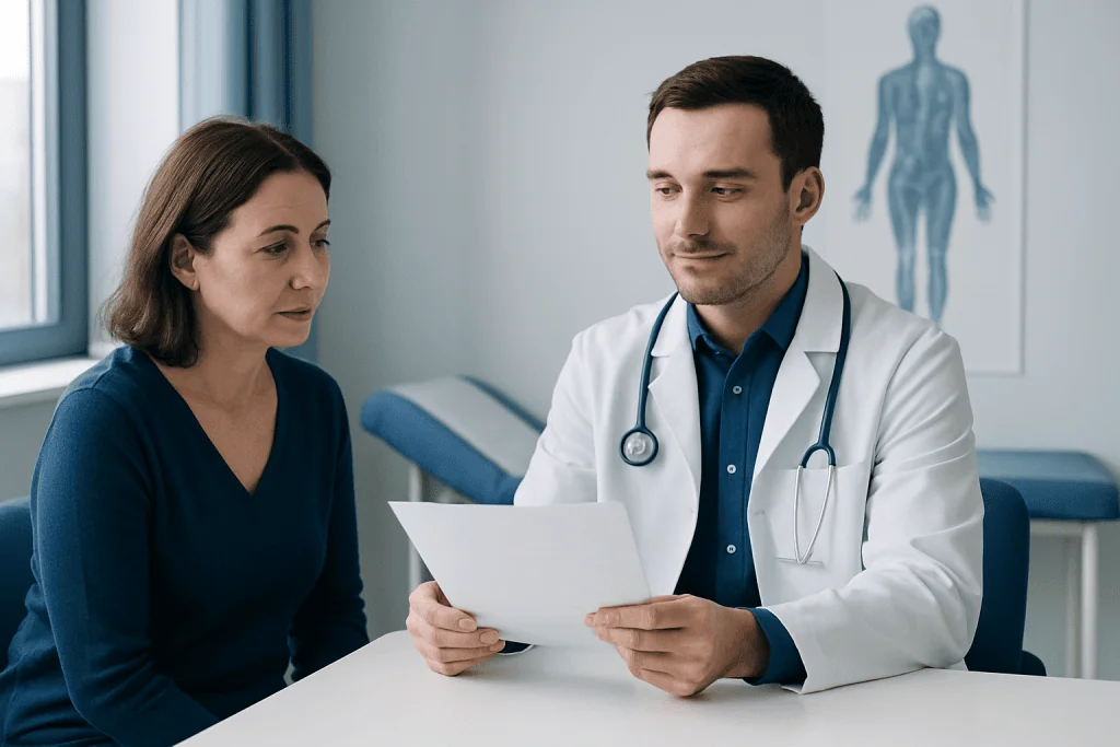 Doctor consulting with a female patient in a medical office.