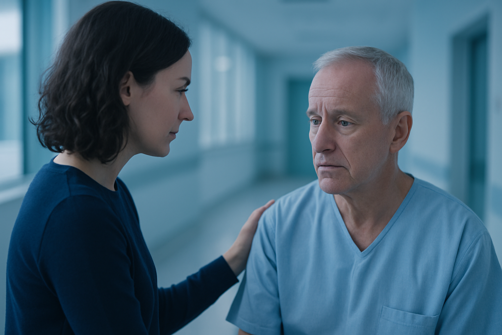Ventriculoperitoneal Shunting at Acibadem Hospital 1 Doctor and patient having a serious discussion in hospital corridor.