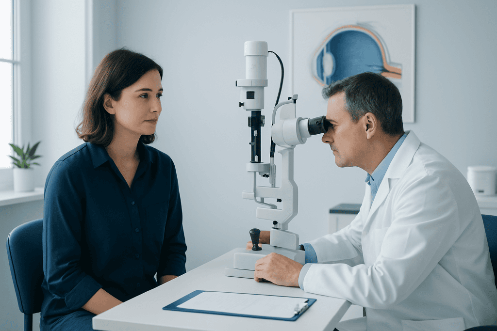 Optometrist performs eye exam using slit lamp at eye care center.