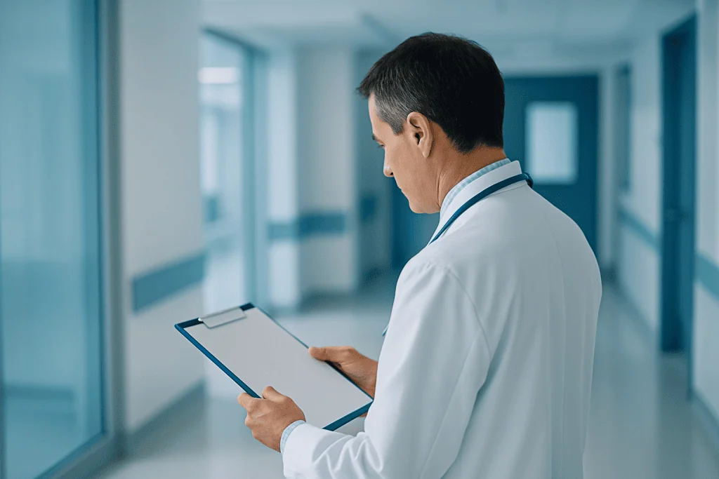 Vocal Cord Nodules: Microsurgery vs. Voice Therapy 1 Doctor reviewing patient information in hospital corridor.