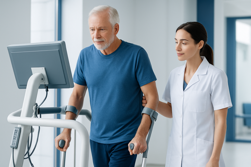 Senior man walking with support from a healthcare professional in a rehab center.