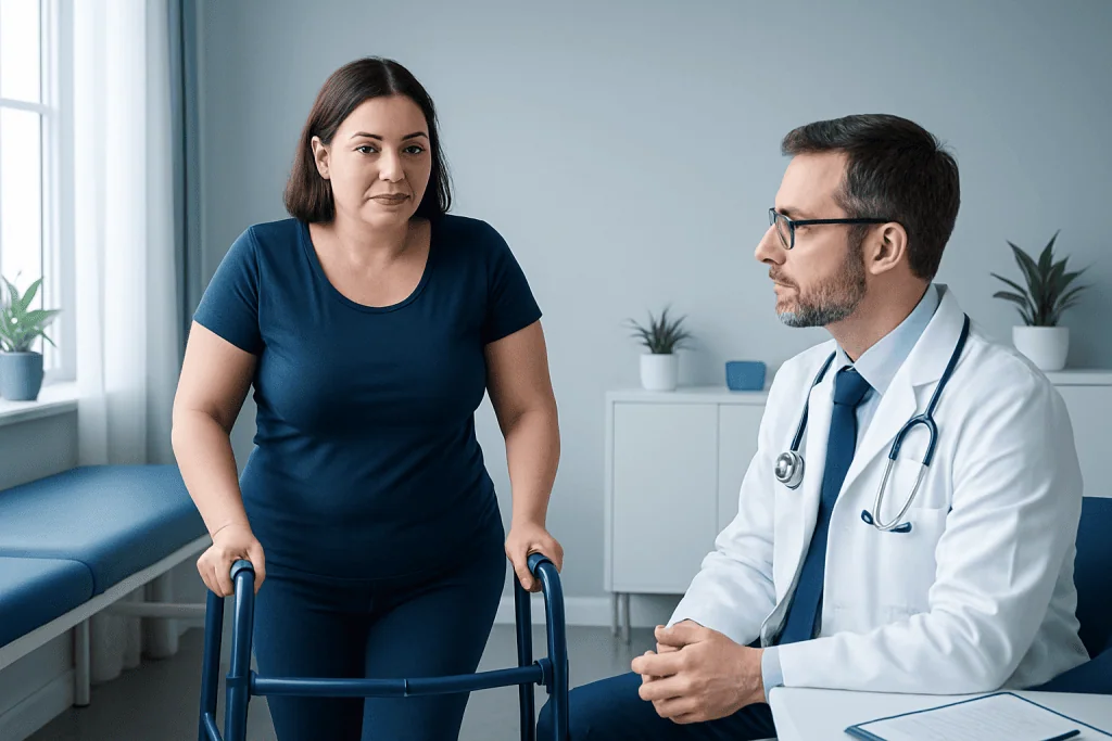 Patient with crutches consulting with doctor in clinic.