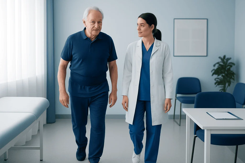 Elderly patient walking with healthcare professional in hospital room.