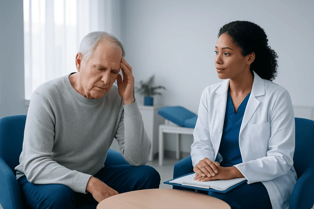 Elderly man consulting with a healthcare professional about memory issues.